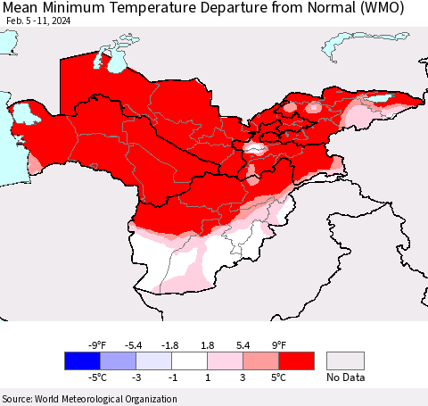 Central Asia Mean Minimum Temperature Departure from Normal (WMO) Thematic Map For 2/5/2024 - 2/11/2024