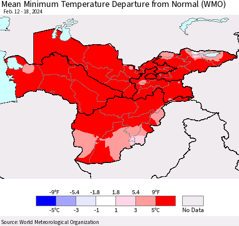 Central Asia Mean Minimum Temperature Departure from Normal (WMO) Thematic Map For 2/12/2024 - 2/18/2024