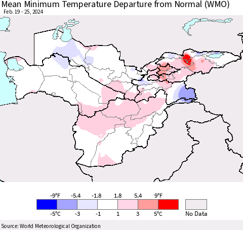 Central Asia Mean Minimum Temperature Departure from Normal (WMO) Thematic Map For 2/19/2024 - 2/25/2024