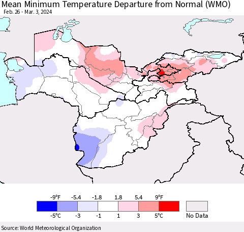 Central Asia Mean Minimum Temperature Departure from Normal (WMO) Thematic Map For 2/26/2024 - 3/3/2024