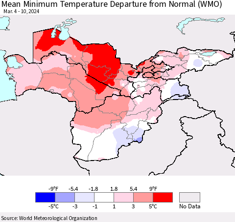 Central Asia Mean Minimum Temperature Departure from Normal (WMO) Thematic Map For 3/4/2024 - 3/10/2024