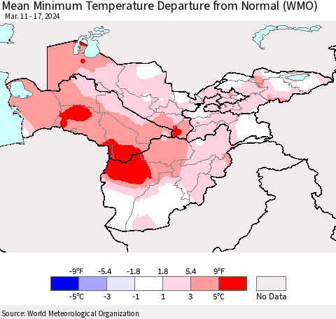Central Asia Mean Minimum Temperature Departure from Normal (WMO) Thematic Map For 3/11/2024 - 3/17/2024