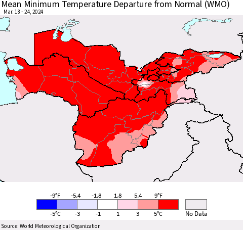 Central Asia Mean Minimum Temperature Departure from Normal (WMO) Thematic Map For 3/18/2024 - 3/24/2024