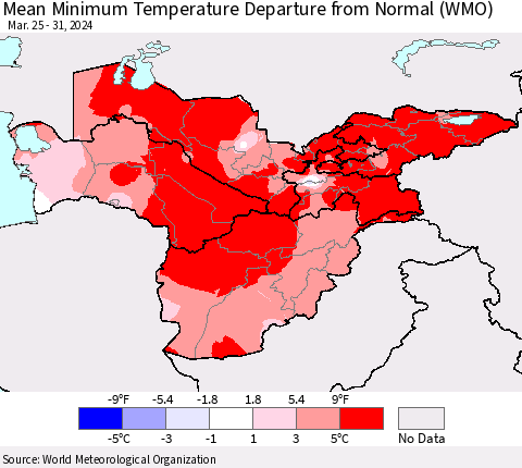 Central Asia Mean Minimum Temperature Departure from Normal (WMO) Thematic Map For 3/25/2024 - 3/31/2024