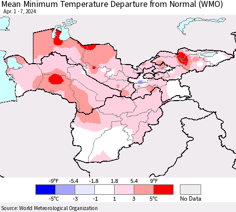 Central Asia Mean Minimum Temperature Departure from Normal (WMO) Thematic Map For 4/1/2024 - 4/7/2024