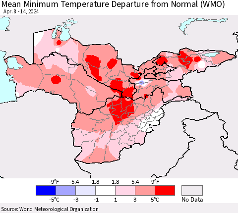 Central Asia Mean Minimum Temperature Departure from Normal (WMO) Thematic Map For 4/8/2024 - 4/14/2024