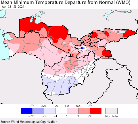 Central Asia Mean Minimum Temperature Departure from Normal (WMO) Thematic Map For 4/15/2024 - 4/21/2024