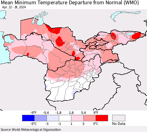 Central Asia Mean Minimum Temperature Departure from Normal (WMO) Thematic Map For 4/22/2024 - 4/28/2024