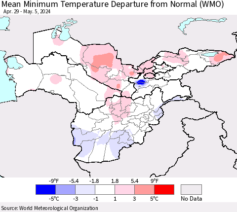 Central Asia Mean Minimum Temperature Departure from Normal (WMO) Thematic Map For 4/29/2024 - 5/5/2024