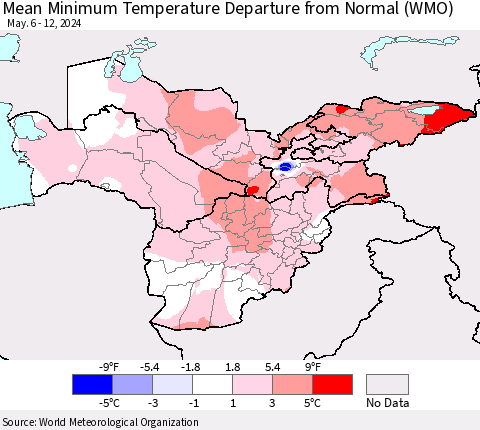 Central Asia Mean Minimum Temperature Departure from Normal (WMO) Thematic Map For 5/6/2024 - 5/12/2024
