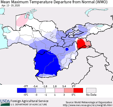 Central Asia Mean Maximum Temperature Departure from Normal (WMO) Thematic Map For 4/13/2020 - 4/19/2020