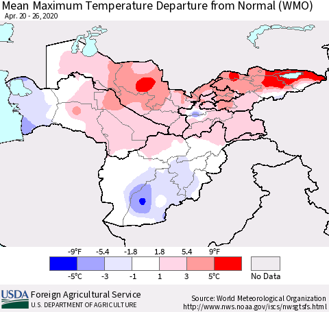 Central Asia Mean Maximum Temperature Departure from Normal (WMO) Thematic Map For 4/20/2020 - 4/26/2020