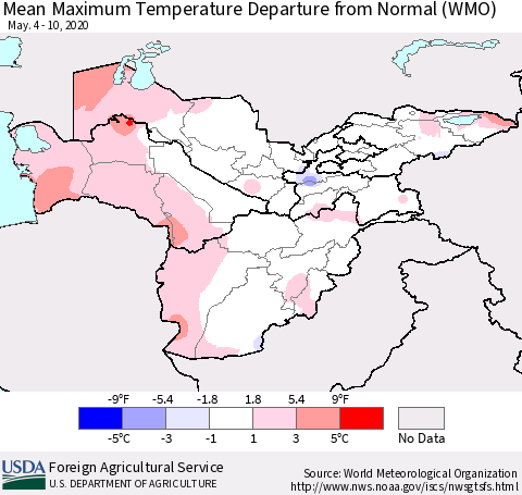 Central Asia Mean Maximum Temperature Departure from Normal (WMO) Thematic Map For 5/4/2020 - 5/10/2020