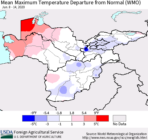 Central Asia Mean Maximum Temperature Departure from Normal (WMO) Thematic Map For 6/8/2020 - 6/14/2020