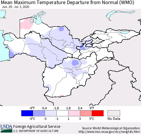 Central Asia Mean Maximum Temperature Departure from Normal (WMO) Thematic Map For 6/29/2020 - 7/5/2020