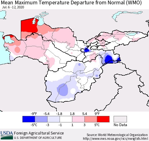 Central Asia Mean Maximum Temperature Departure from Normal (WMO) Thematic Map For 7/6/2020 - 7/12/2020