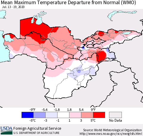 Central Asia Mean Maximum Temperature Departure from Normal (WMO) Thematic Map For 7/13/2020 - 7/19/2020