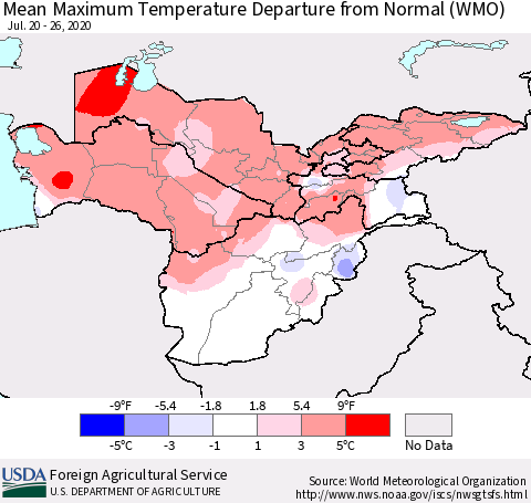 Central Asia Mean Maximum Temperature Departure from Normal (WMO) Thematic Map For 7/20/2020 - 7/26/2020