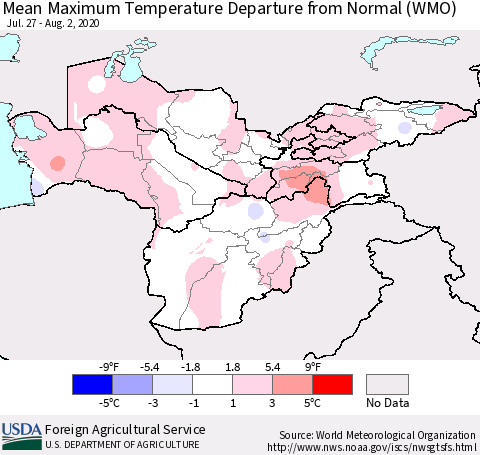 Central Asia Mean Maximum Temperature Departure from Normal (WMO) Thematic Map For 7/27/2020 - 8/2/2020