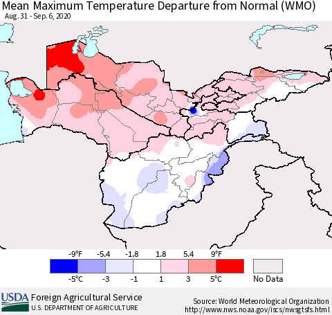 Central Asia Mean Maximum Temperature Departure from Normal (WMO) Thematic Map For 8/31/2020 - 9/6/2020