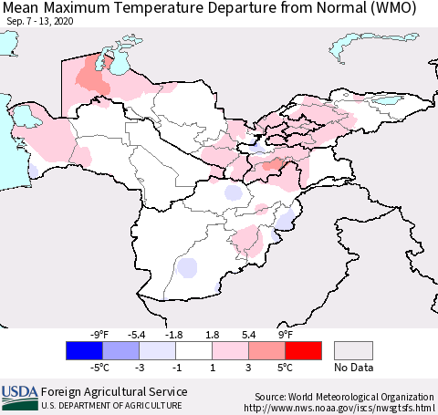 Central Asia Mean Maximum Temperature Departure from Normal (WMO) Thematic Map For 9/7/2020 - 9/13/2020