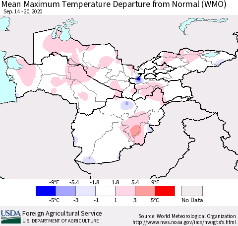 Central Asia Mean Maximum Temperature Departure from Normal (WMO) Thematic Map For 9/14/2020 - 9/20/2020