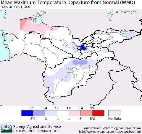 Central Asia Mean Maximum Temperature Departure from Normal (WMO) Thematic Map For 9/28/2020 - 10/4/2020