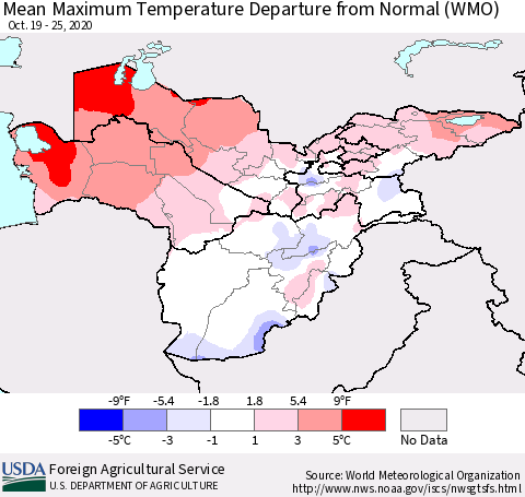 Central Asia Mean Maximum Temperature Departure from Normal (WMO) Thematic Map For 10/19/2020 - 10/25/2020