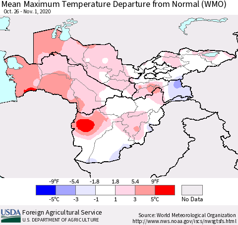 Central Asia Mean Maximum Temperature Departure from Normal (WMO) Thematic Map For 10/26/2020 - 11/1/2020