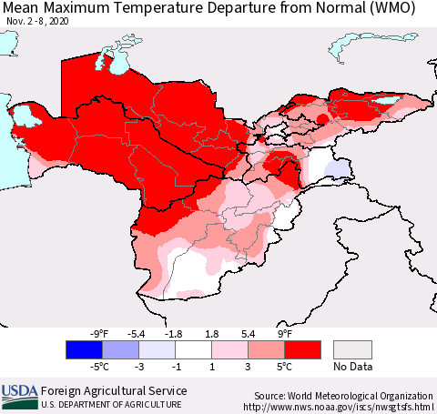 Central Asia Mean Maximum Temperature Departure from Normal (WMO) Thematic Map For 11/2/2020 - 11/8/2020