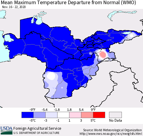 Central Asia Mean Maximum Temperature Departure from Normal (WMO) Thematic Map For 11/16/2020 - 11/22/2020