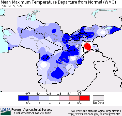 Central Asia Mean Maximum Temperature Departure from Normal (WMO) Thematic Map For 11/23/2020 - 11/29/2020