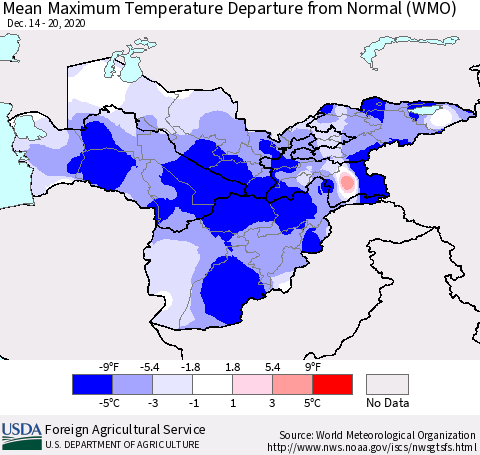Central Asia Mean Maximum Temperature Departure from Normal (WMO) Thematic Map For 12/14/2020 - 12/20/2020
