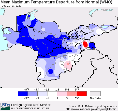 Central Asia Mean Maximum Temperature Departure from Normal (WMO) Thematic Map For 12/21/2020 - 12/27/2020