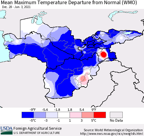 Central Asia Mean Maximum Temperature Departure from Normal (WMO) Thematic Map For 12/28/2020 - 1/3/2021