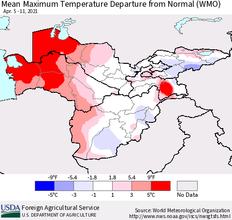 Central Asia Mean Maximum Temperature Departure from Normal (WMO) Thematic Map For 4/5/2021 - 4/11/2021