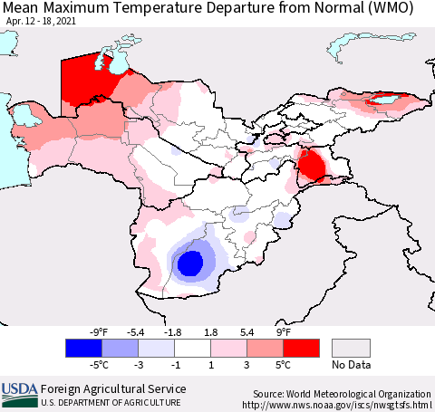 Central Asia Mean Maximum Temperature Departure from Normal (WMO) Thematic Map For 4/12/2021 - 4/18/2021