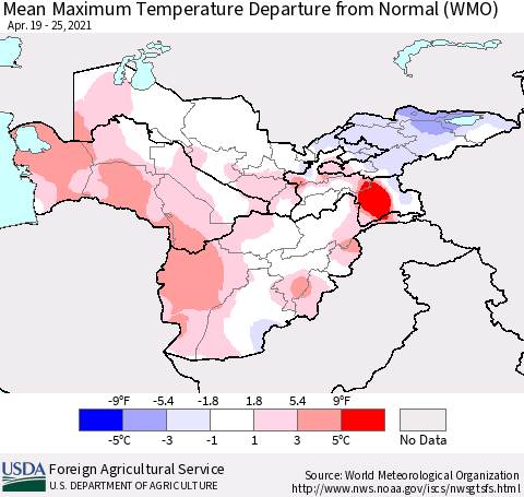 Central Asia Mean Maximum Temperature Departure from Normal (WMO) Thematic Map For 4/19/2021 - 4/25/2021