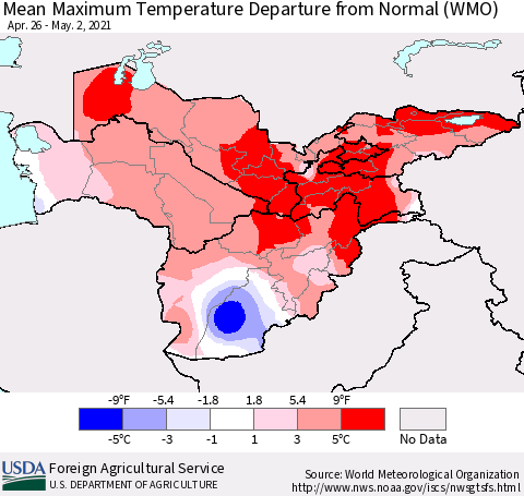 Central Asia Mean Maximum Temperature Departure from Normal (WMO) Thematic Map For 4/26/2021 - 5/2/2021