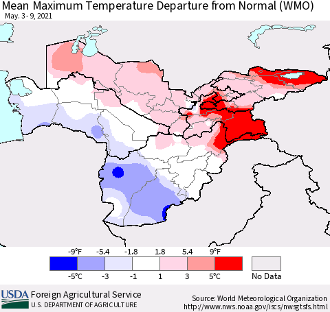 Central Asia Mean Maximum Temperature Departure from Normal (WMO) Thematic Map For 5/3/2021 - 5/9/2021