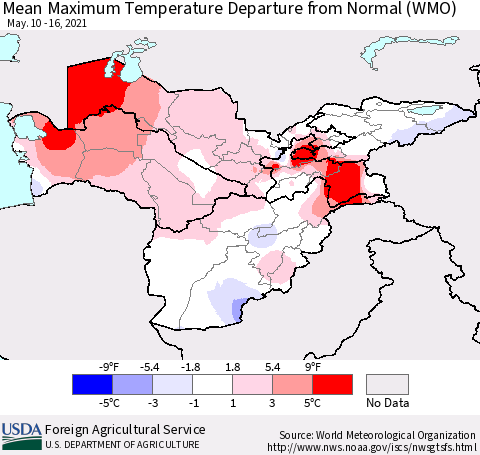 Central Asia Mean Maximum Temperature Departure from Normal (WMO) Thematic Map For 5/10/2021 - 5/16/2021
