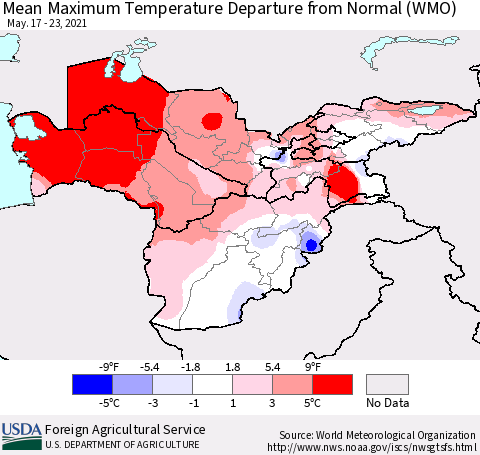 Central Asia Mean Maximum Temperature Departure from Normal (WMO) Thematic Map For 5/17/2021 - 5/23/2021