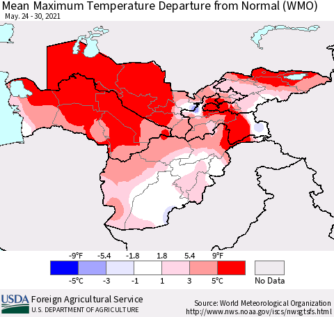 Central Asia Mean Maximum Temperature Departure from Normal (WMO) Thematic Map For 5/24/2021 - 5/30/2021