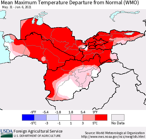 Central Asia Mean Maximum Temperature Departure from Normal (WMO) Thematic Map For 5/31/2021 - 6/6/2021
