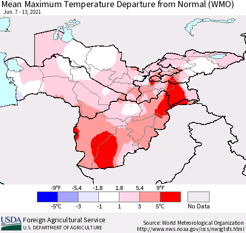 Central Asia Mean Maximum Temperature Departure from Normal (WMO) Thematic Map For 6/7/2021 - 6/13/2021
