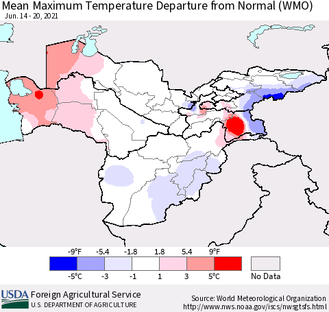 Central Asia Mean Maximum Temperature Departure from Normal (WMO) Thematic Map For 6/14/2021 - 6/20/2021