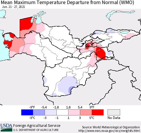 Central Asia Mean Maximum Temperature Departure from Normal (WMO) Thematic Map For 6/21/2021 - 6/27/2021