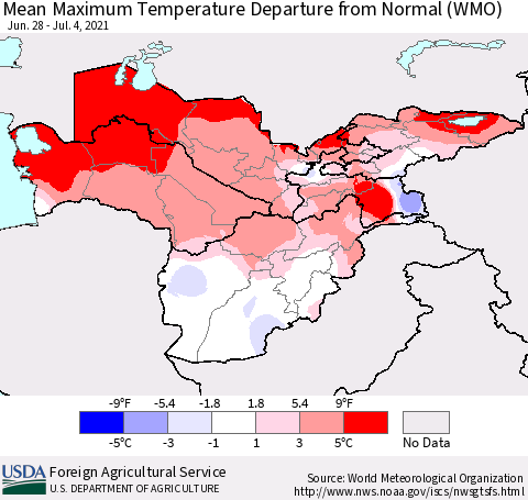 Central Asia Mean Maximum Temperature Departure from Normal (WMO) Thematic Map For 6/28/2021 - 7/4/2021
