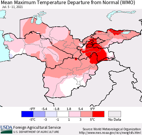 Central Asia Mean Maximum Temperature Departure from Normal (WMO) Thematic Map For 7/5/2021 - 7/11/2021