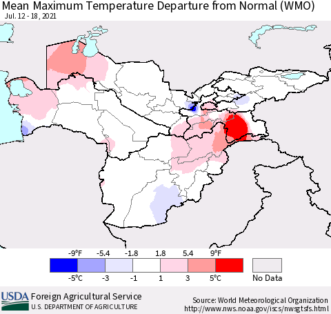Central Asia Mean Maximum Temperature Departure from Normal (WMO) Thematic Map For 7/12/2021 - 7/18/2021